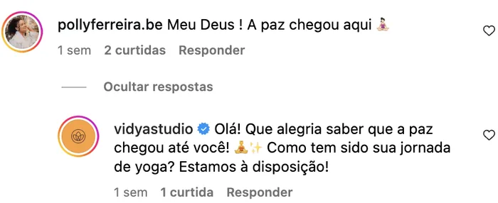 Resposta do Vidya Studio a comentário curto