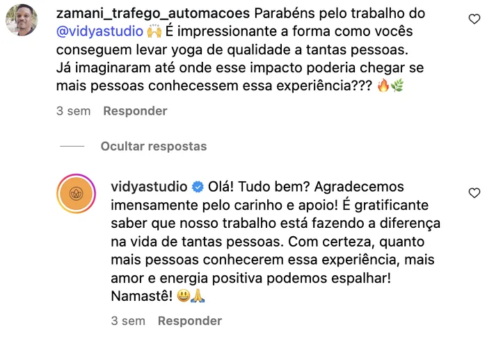 Resposta do Vidya Studio a elogio ao trabalho