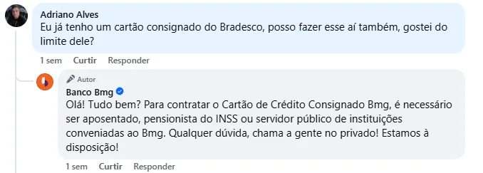 Resposta do Banco BMG sobre cartão consignado