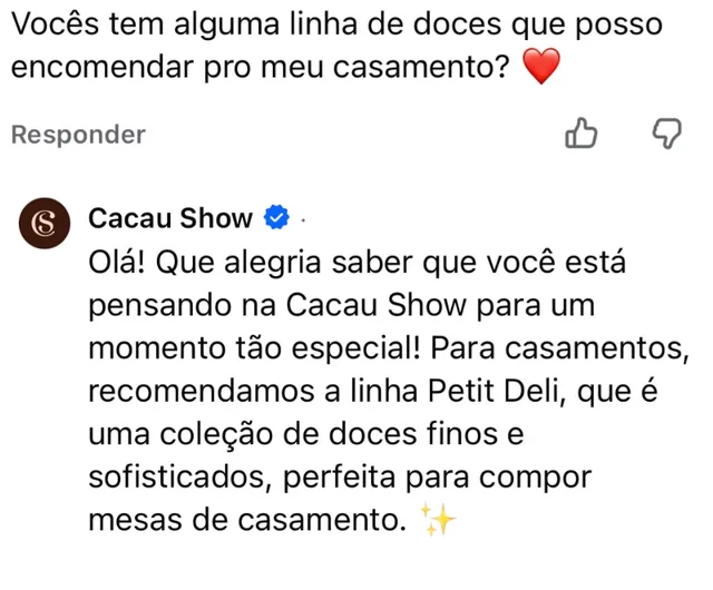 Resposta da Cacau Show sobre doces para casamento