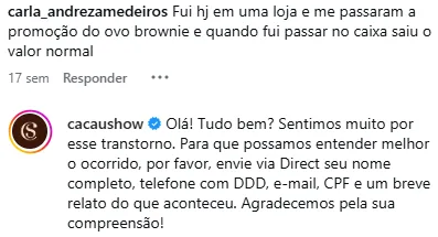 Resposta da Cacau Show a reclamação de preço