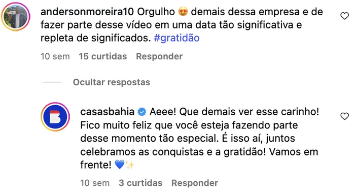 Resposta da Casas Bahia a elogio no post do Dia dos Pais