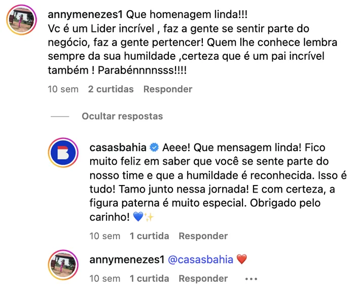 Resposta da Casas Bahia a mensagem sobre liderança