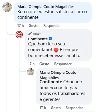 Resposta do Continente a cliente satisfeita