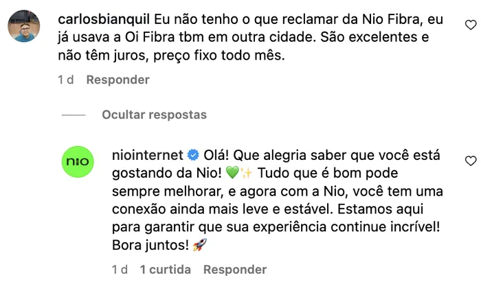 Resposta da Nio a cliente que já usava outra operadora