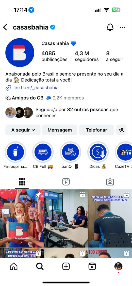Perfil da Casas Bahia no Instagram com o botão Telefonar destacado