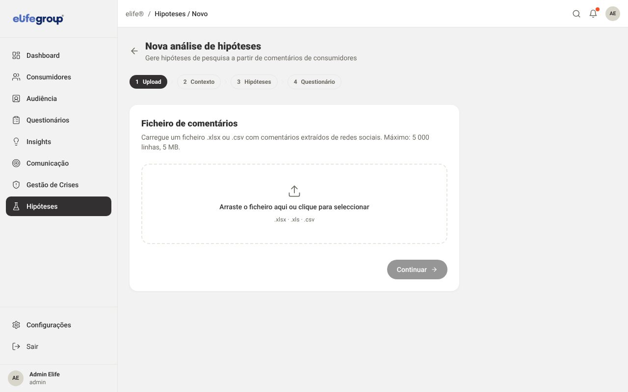 Assistente em quatro passos: upload, contexto, hipóteses e questionário.